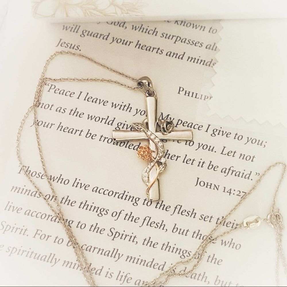 Flower Wrapped Sterling Silver Cross Two Toned Necklace